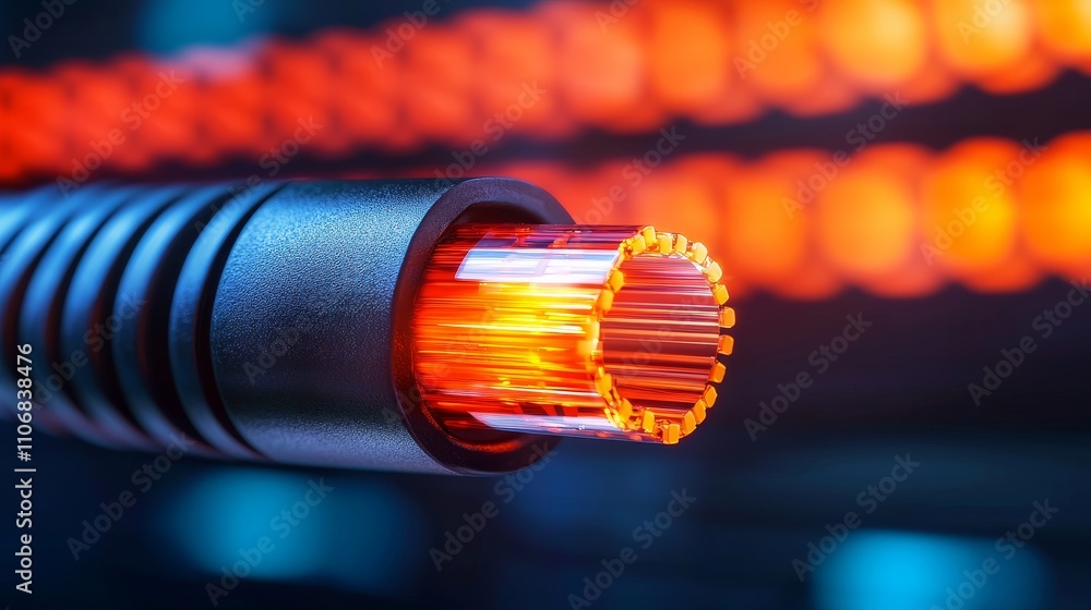 Poster dynamic fiber optics glowing in a matrixlike grid technology showcase high-tech environment close-up