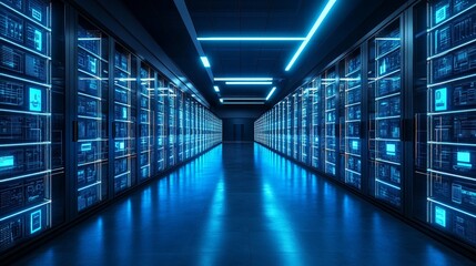 Fototapeta premium Blue-Lit Server Room with Rows of Servers