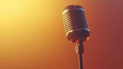 Old-fashioned microphone with warm golden tones, isolated on a vibrant background, nostalgic and...