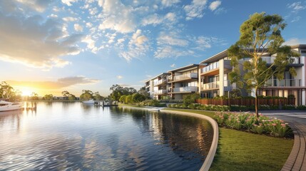 Obraz premium Serene Waterfront Living: Modern Apartments by the Water at Sunset