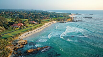 Fototapeta premium Aerial view of a serene beach with waves, lush greenery, and a golf course.