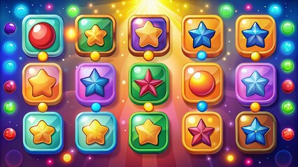 Colorful Game UI Buttons and Progress Bars for Mobile Application Interface, Featuring Cartoon Design Elements, Medals, Prizes, and Video Gaming Menu Kit in a Bokeh Effect Background