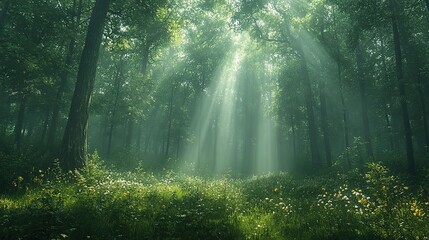 Fototapeta premium A lush green forest with tall trees is bathed in dappled light, created by sunlight filtering through the leaves