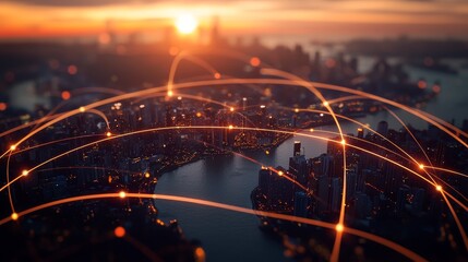 Innovative fiber optic networks transforming urban connectivity cityscape digital infrastructure sunset aerial view technology trends