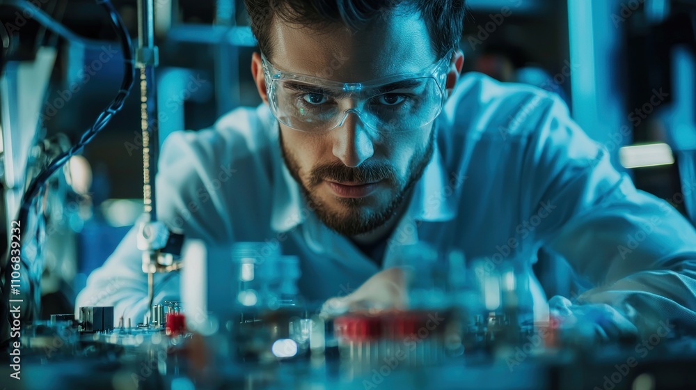 Poster an electrical engineer troubleshooting circuits in a lab, surrounded by testing equipment.