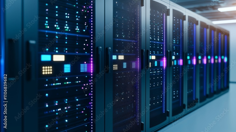 Poster sophisticated server racks connected by glowing fiber cables data center technology infrastructure m