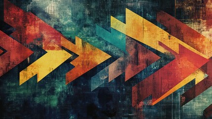 Abstract arrows on a digitally patterned, colorful map illustrate growth trends and forward movement in technology and innovation.