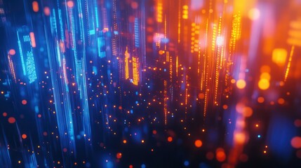 Obraz premium Abstract digital visualization of financial data with blue and orange lights. The image features dynamic graphs, dotted lines, and glowing effects representing market trends and analysis