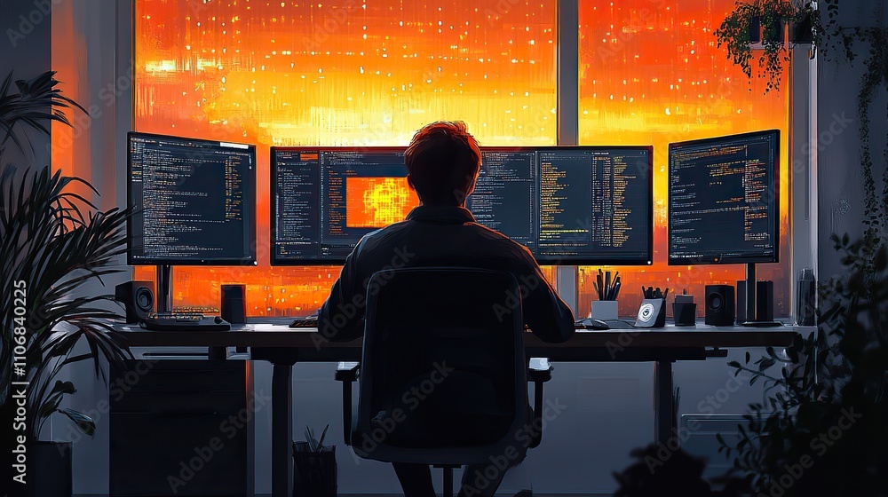 Poster a male it worker sitting at a desk, seen from behind, monitoring ai system data and code on multiple