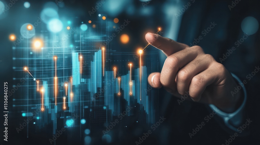 Poster analyzing financial data on digital display. close-up of a hand pointing at financial graphs on a hi