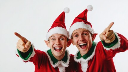 Two cheerful funny christmas elves pointing at copy space on white background