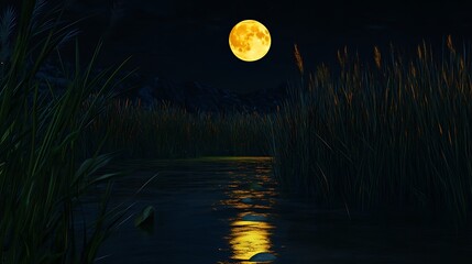 The moon reflecting in a shallow pond surrounded by tall grass at night
