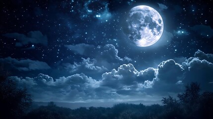 The moonlight shining through gaps in dark storm clouds creating a mystical effect