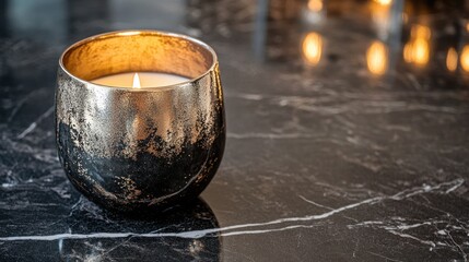 Close-up of a luxury ceramic candle holder with metallic glaze, on a dark marble countertop
