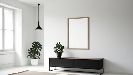 An empty poster frame mockup in a minimalist interior