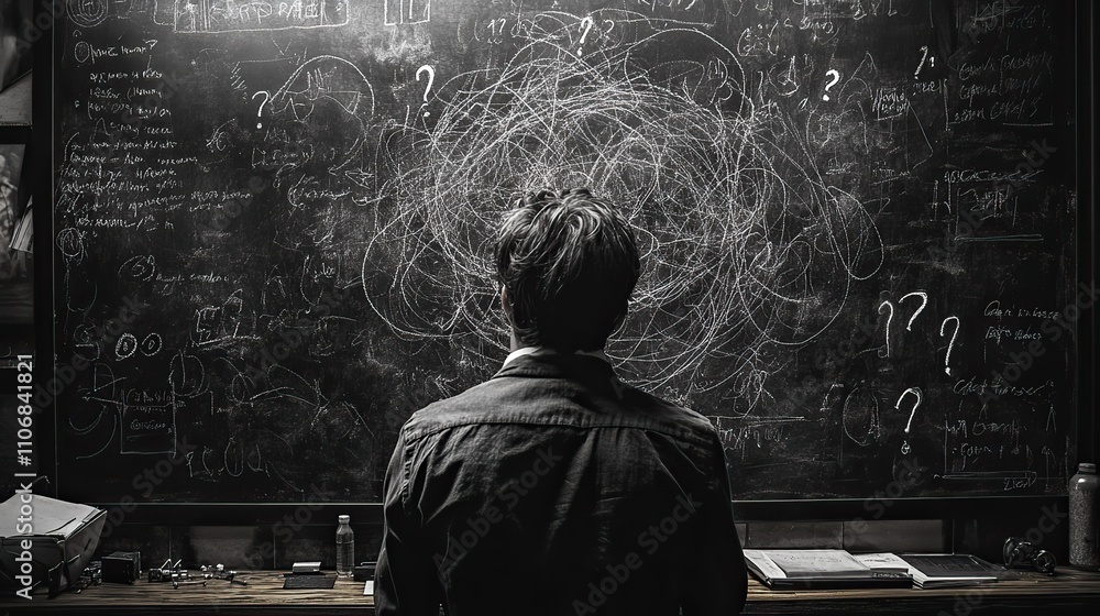 Poster a man standing in front of a blackboard, drawing tangled lines and question marks with chalk, symbol