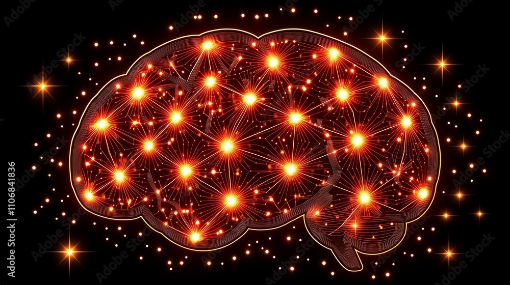 Poster illuminated brain with glowing points in a dark background