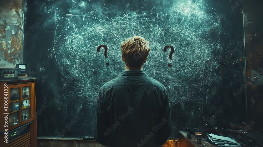 Poster a man standing in front of a blackboard, drawing tangled lines and question marks with chalk, symbol