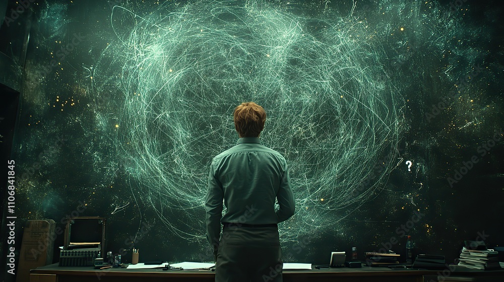 Poster a man standing in front of a blackboard, drawing tangled lines and question marks with chalk, symbol
