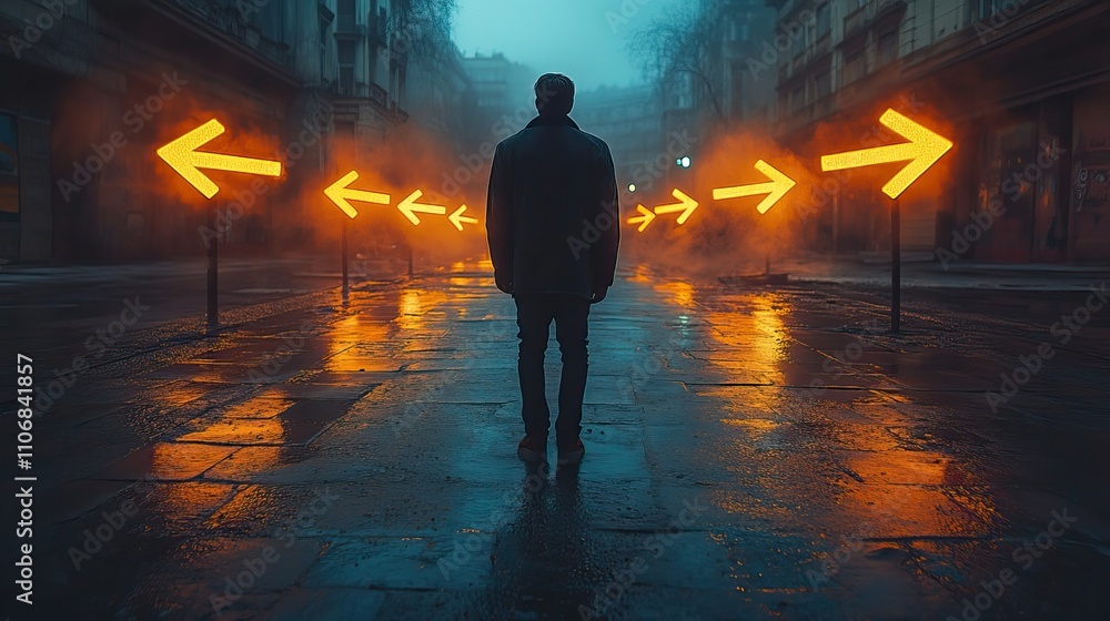 Aufkleber a man standing in front of arrows pointing in different directions, symbolizing choices