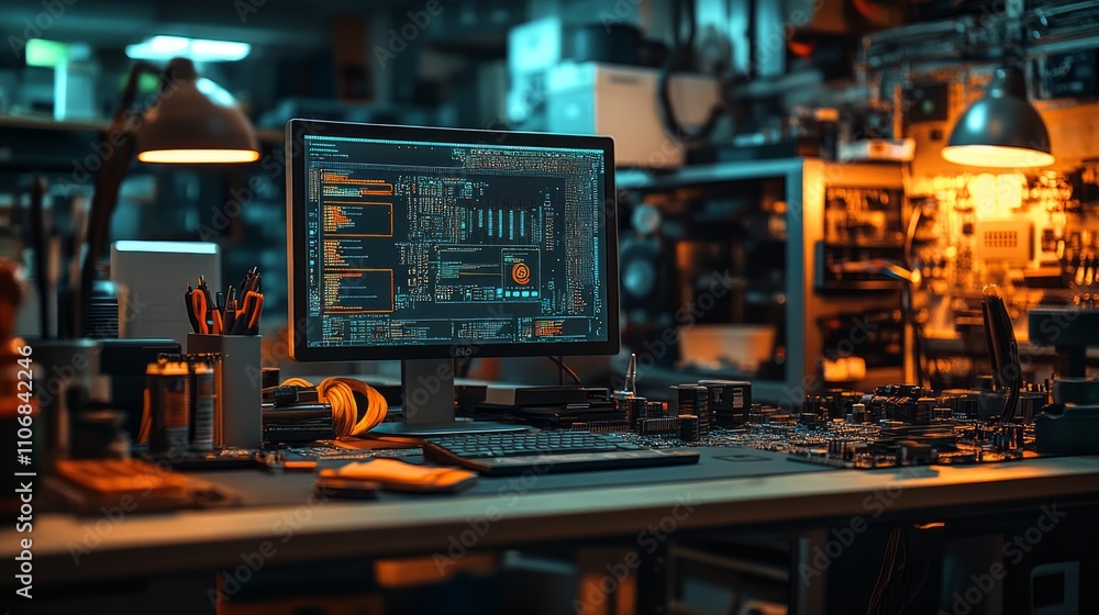 Poster computer repair shop at night, illuminated by lamps, showing a desktop computer with code on the scr