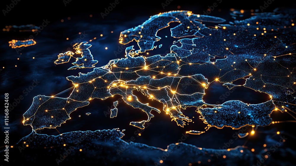 Poster a map of europe with glowing lines connecting countries, symbolizing global network connectivity and