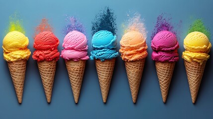 Colorful ice cream scoops in waffle cones, with colorful powder exploding around them on a dark blue background.
