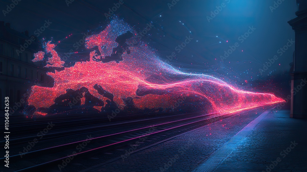 Poster a map of europe with red and blue lines connecting cities, highlighting global network connectivity 