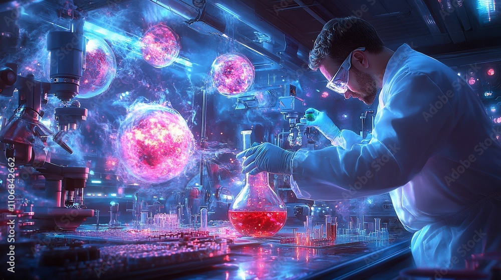 Poster futuristic scientist working in a vibrant laboratory, conducting experiments with glowing orbs.