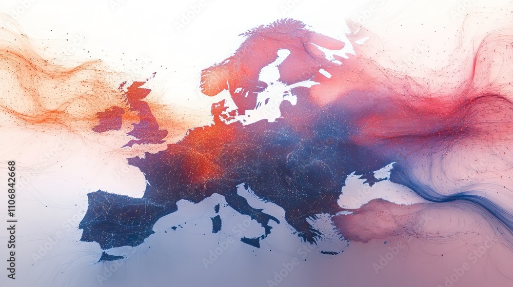 Poster a map of europe with red and blue lines connecting cities, representing global data transfer and con