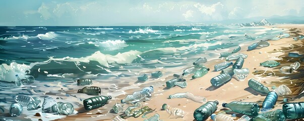 Ocean Waves Wash Plastic Bottles Ashore On Sandy Beach