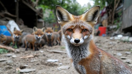 Naklejka premium Red Fox Kit Family Urban Wildlife Closeup Portrait