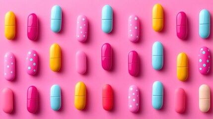 Colorful pills arranged in a pattern on a pink background.
