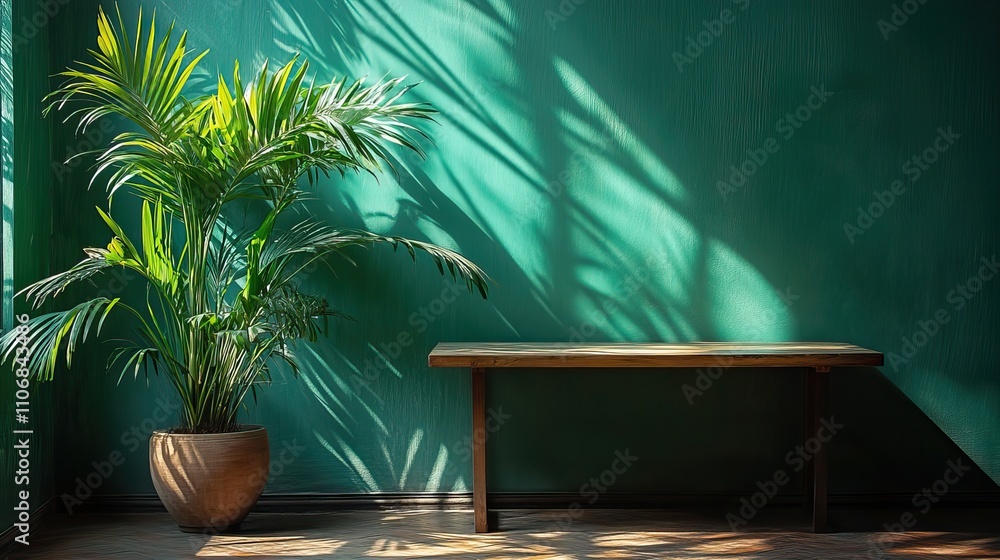 Poster A minimalist green background with palm leaves casting shadows over an empty table, perfect for product displays