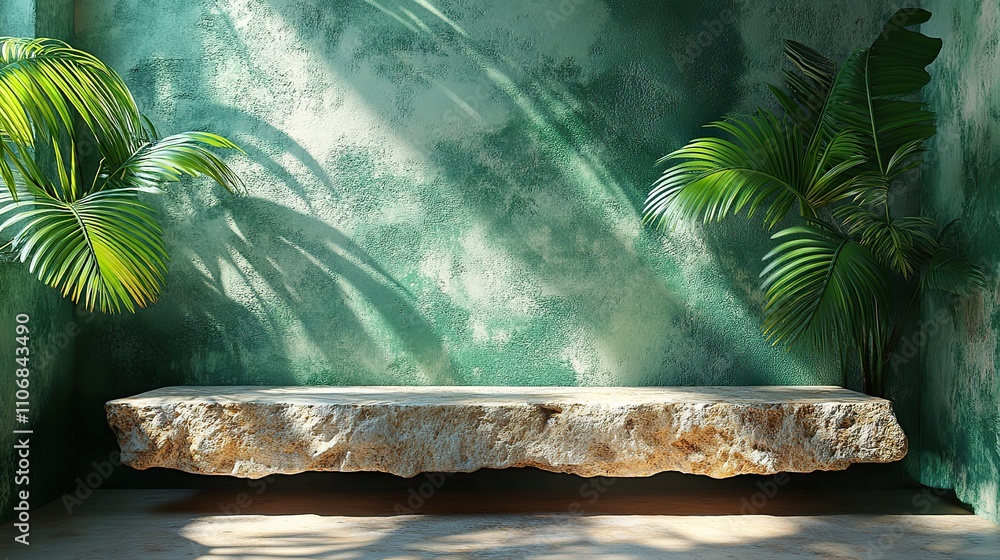 Poster a minimalist green background with palm leaves casting shadows over an empty table, perfect for prod