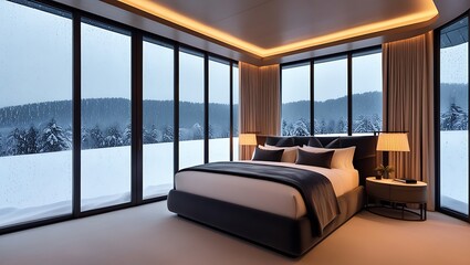 Experience the epitome of modern luxury with this ultra-high-resolution 8K image of a serene bedroom featuring expansive glass walls. The space is a perfect blend of sleek design and natural beauty.