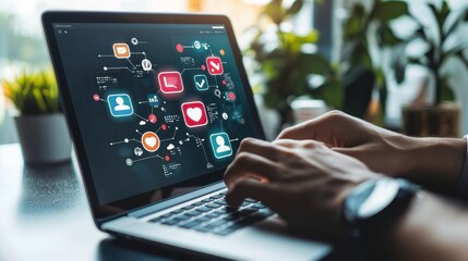 A digital marketing specialist working on a laptop, with social media icons and campaign data displayed on