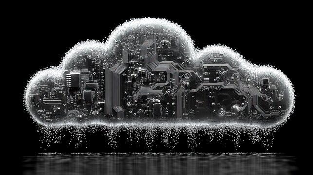 A minimalistic cloud formed by white circuit board patterns against a black background, representing cloud computing and technology