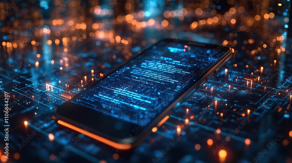 Poster a mobile phone with a contract hologram symbolizes modern e-signature applications