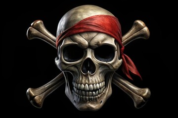 Jolly Roger Pirate Skull Logo Design for Dark T-Shirt - Candid Photography of an Evil Skull with Eyepatch and Crossbones on Black Background