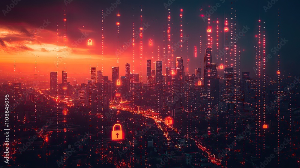 Poster a modern city skyline with digital padlock icons floating above it symbolizes the protection and sec