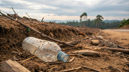 Fototapeta premium discarded plastic bottle lies on ground in deforested area, highlighting environmental pollution and impact of human activity on nature