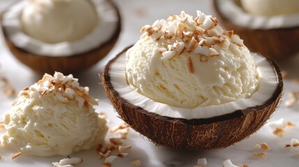 Creamy coconut ice cream scoops in halved coconut shells, garnished with toasted coconut flakes.