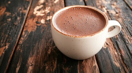 Creamy hot chocolate in a white cup on a rustic wooden table.