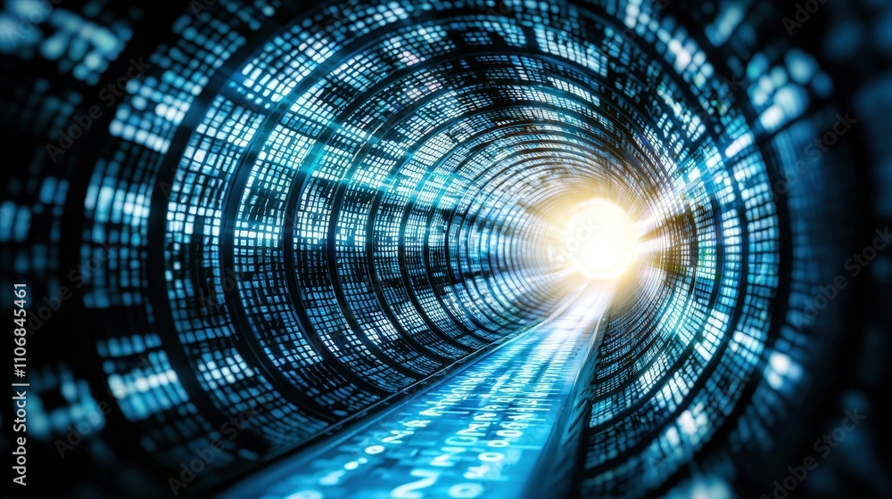 Aufkleber digital data tunnel futuristic technology abstract background bright light at the end