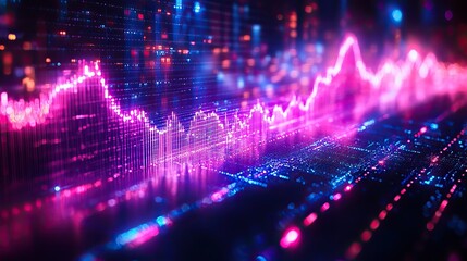 Obraz premium A modern financial stock market chart with upward-trending lines on a dark background with neon accents, symbolizing business growth