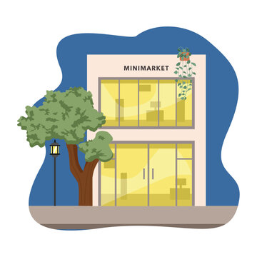 Minimarket building center. Commercial center. Retail center. Shopping complex. Shopping center. 