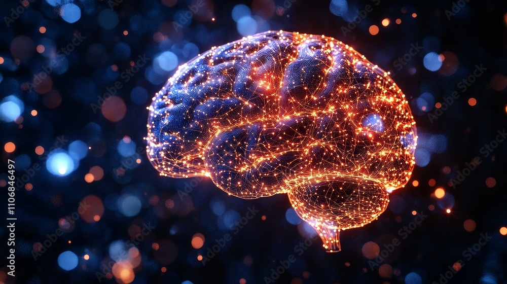 Poster a digital representation of a human brain with glowing nodes