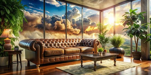 Contemporary Elegant Chic Living Room Featuring a Leather Sofa with a Double Exposure Effect Blending Nature and Interior Design Elements for an Artistic Touch