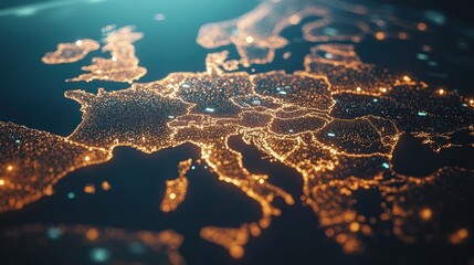 Fototapeta premium Illuminated map of Europe with glowing city lights on a dark background
